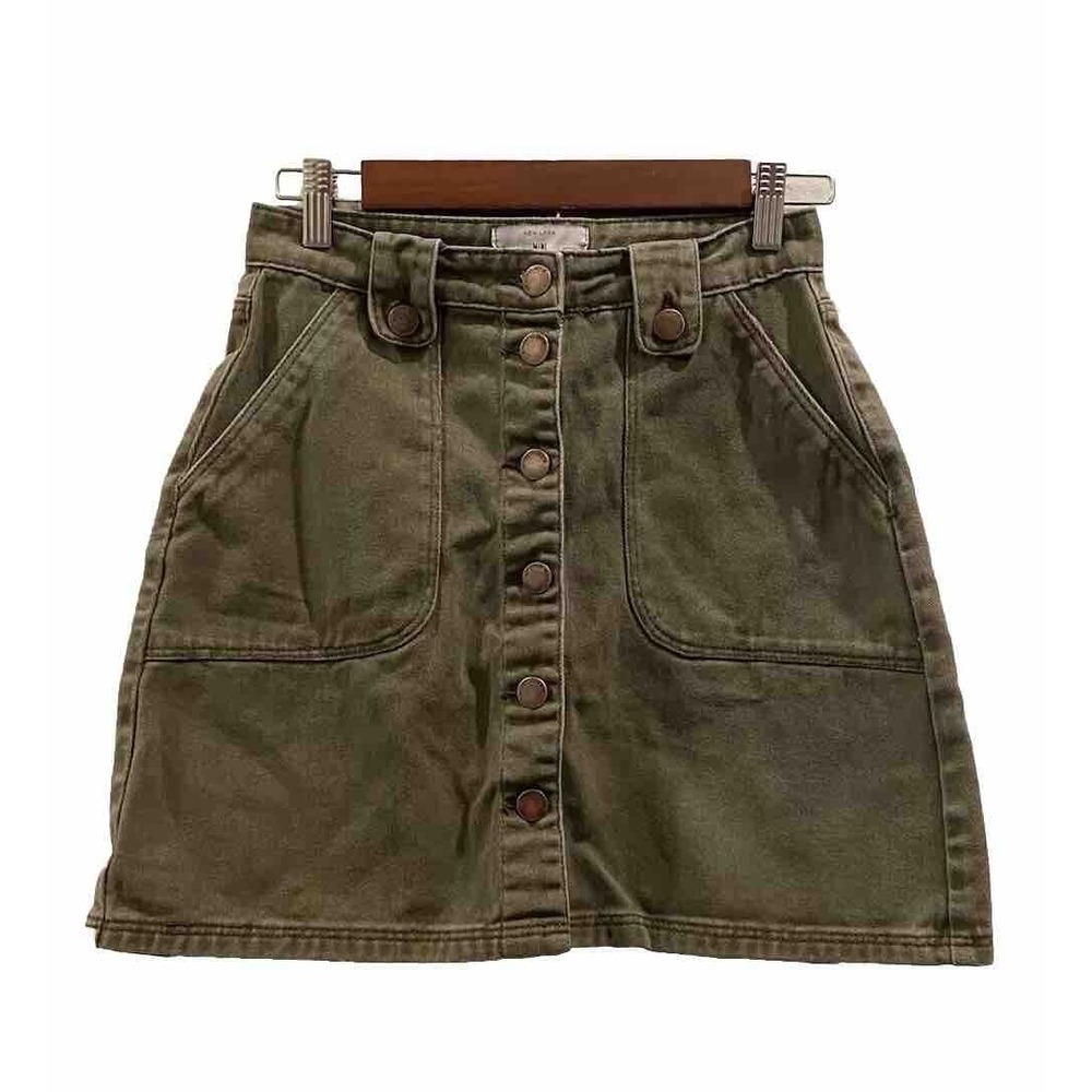 New Look Olive Green Button Front Mini Skirt Size 6 Pockets Cotton Blend